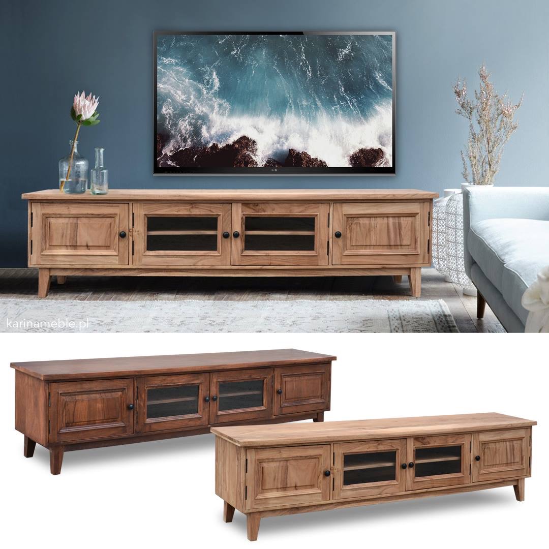 meble drewniane kolonialne stylowe szafka rtv akakcja indyjska jasne drewno ciemne brazowe salon