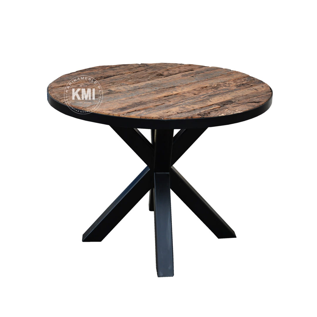 meble industrialne loftowe stół okrągły jadalnia metalowe nogi stare drewno nowczesny recykling