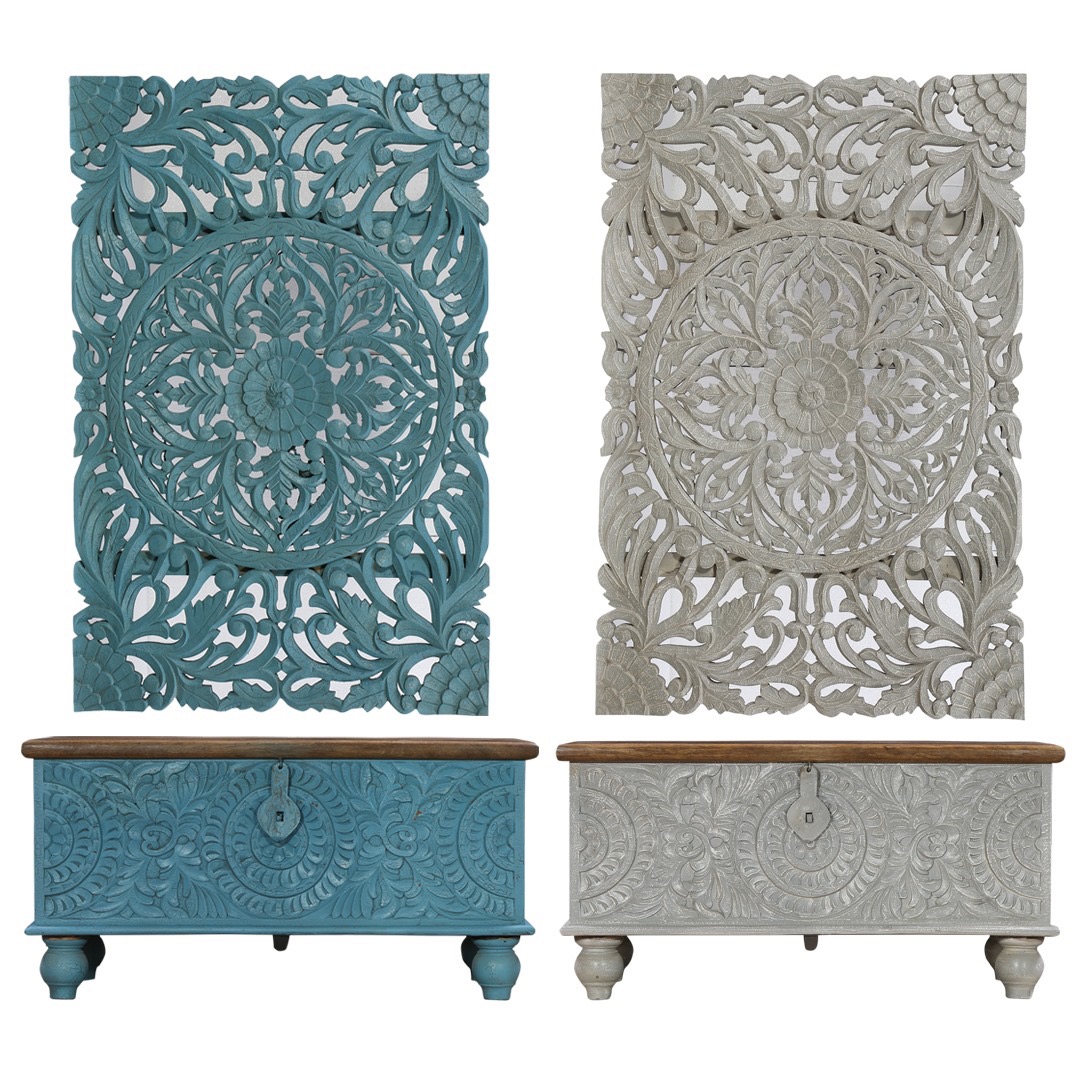 meble indyjskie kolonialne rzezbione orientale olorowe boho skrzynia panel dekoracja drewniane mango