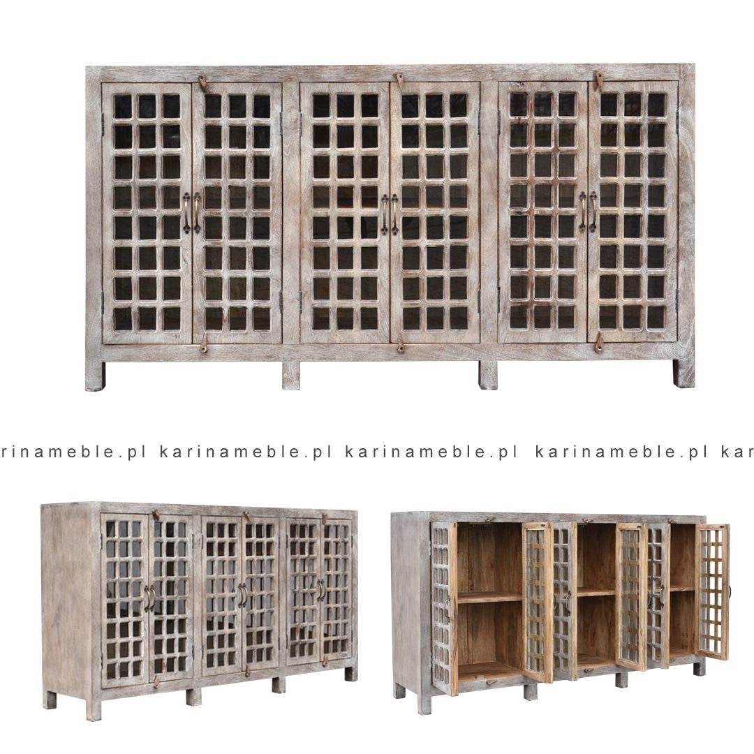 meble loftowedrewniane vintage komoda przeszklone salon bielone drewno mango