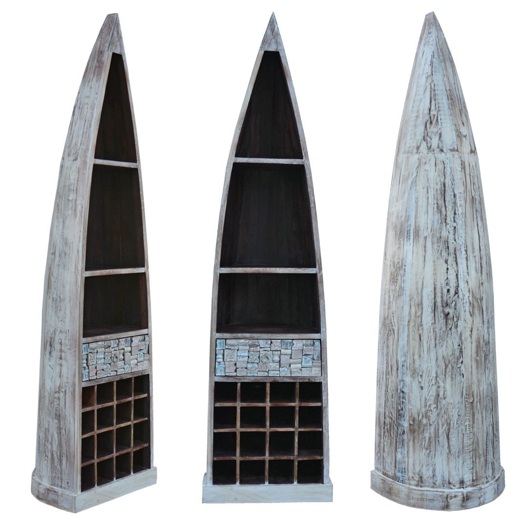 meble loftowe egzotyczne drewniane regal polka lodka indyjskie bielone salon