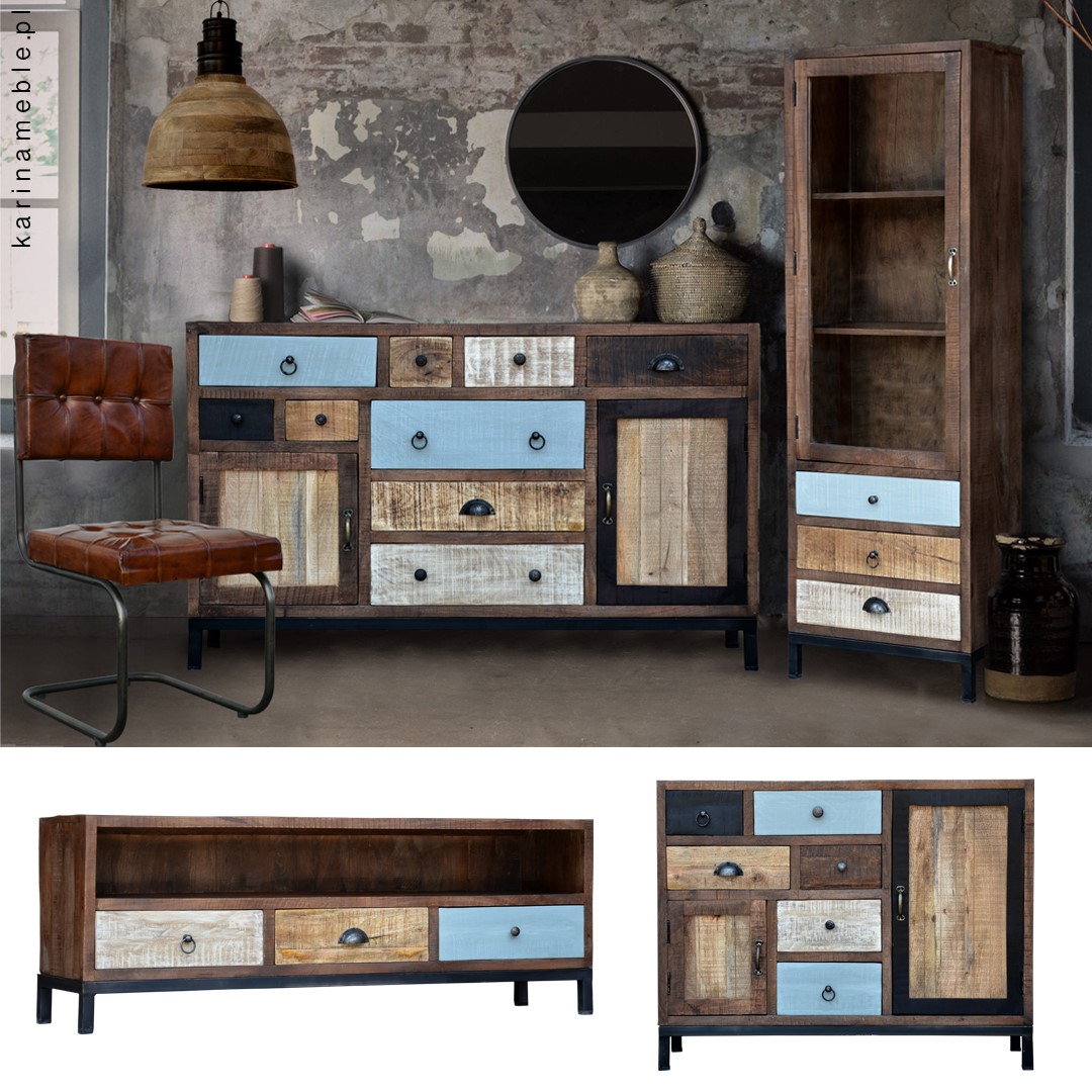meble industrialne - loftowa komoda, indyjska szafka, kolonialna witryna i wiele inny.