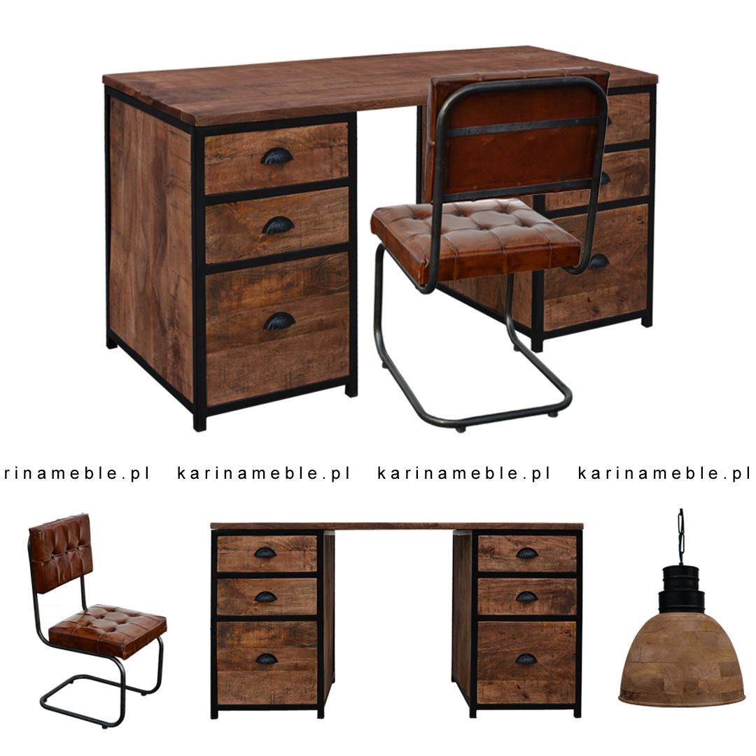 meble loftowe industrilane biurko krzeslo skora metal drewno vintage