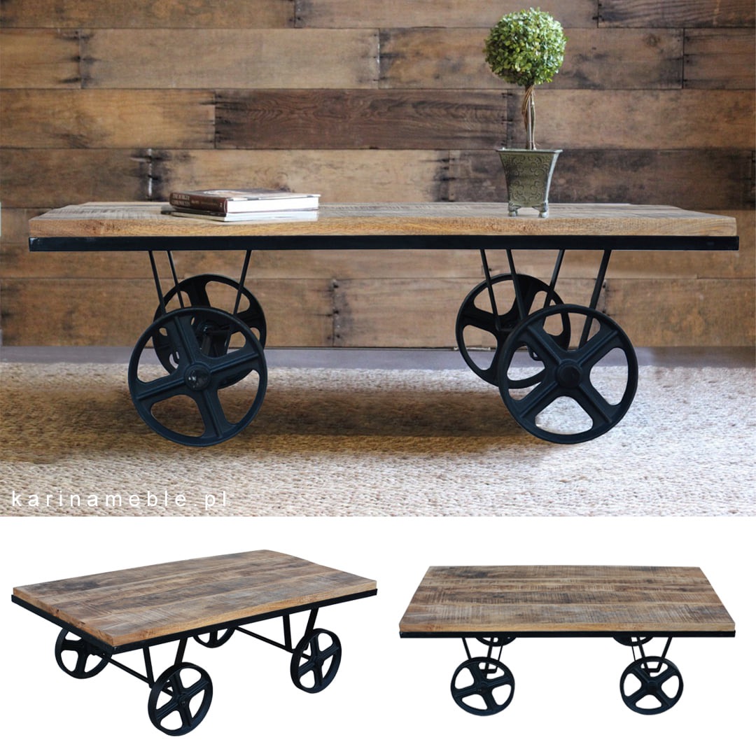 meble industrialne loftowe stolik drewno stare vintage na metalowych kolach