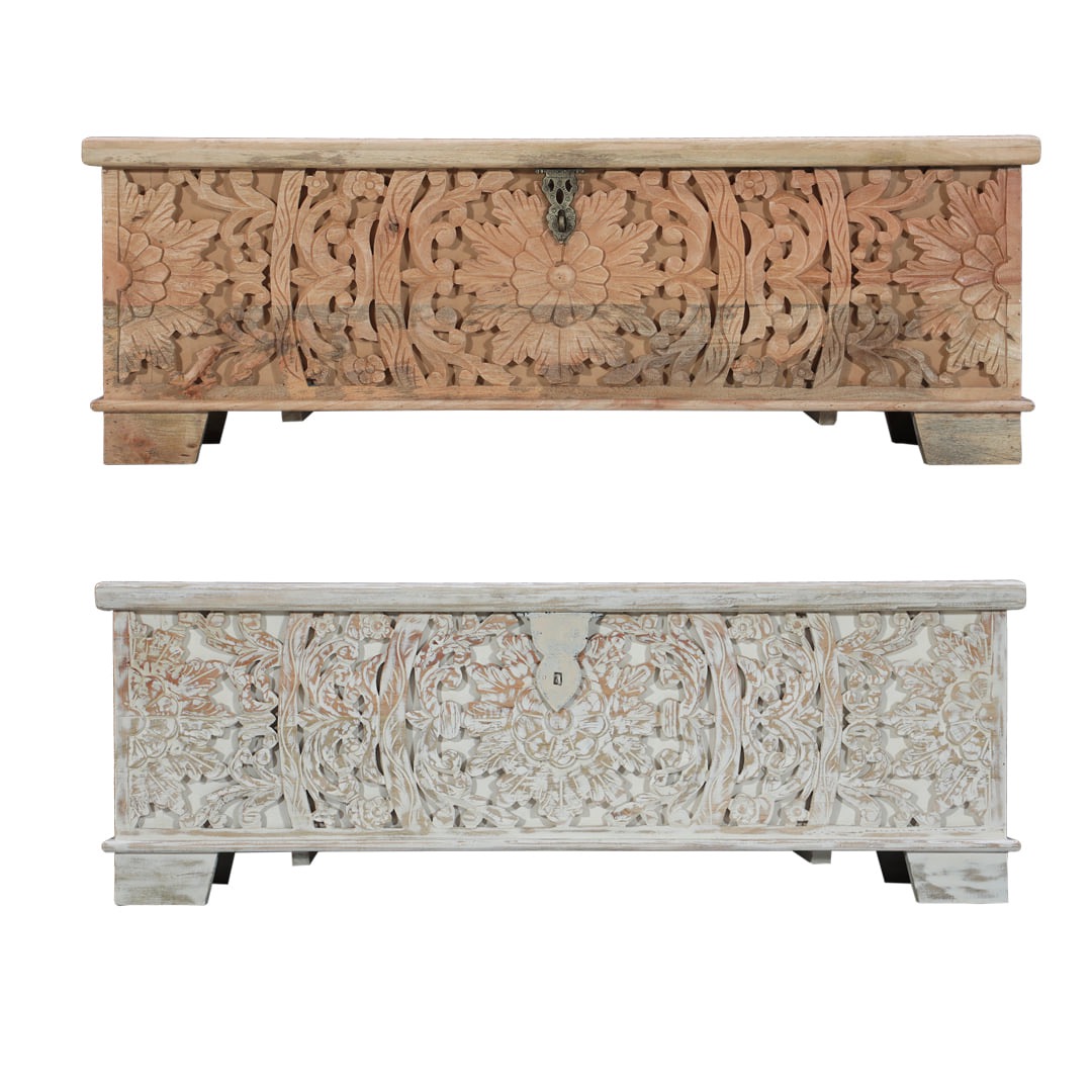 meble indyjskie koloniane drewniane skrzyni rzeźbiona kufer sypialnia na koce buty bielone