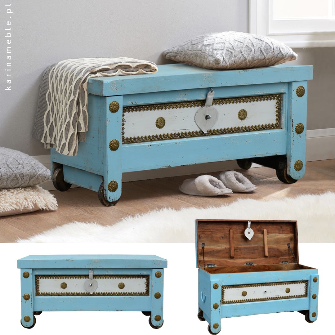 meble indyjskie orientalne kolorowa skrzynia niebieska lawka przedpokuj salon kufer boho