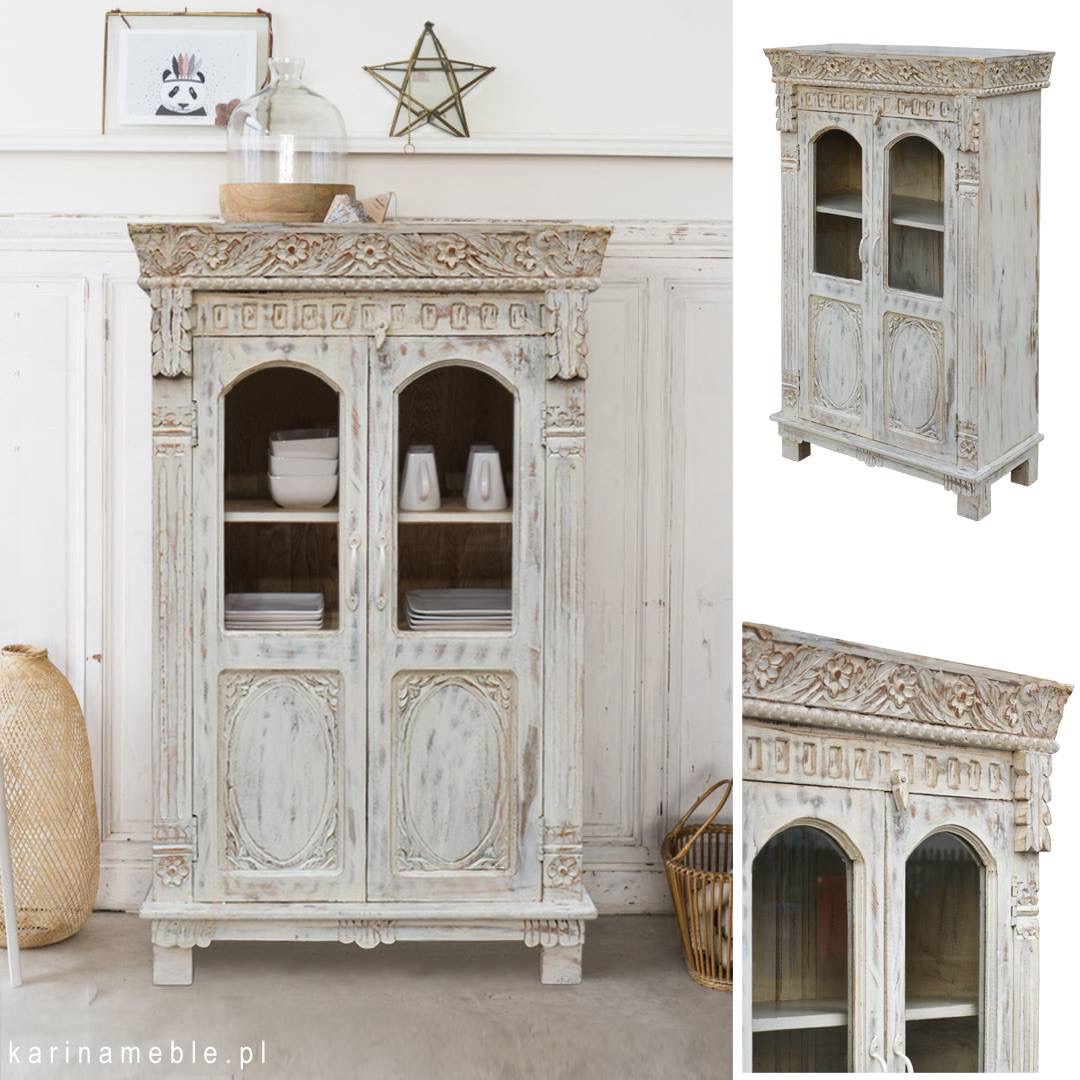 meble vintage drewniane indyjskie komoda witryna orientalna biala przecierana jadalnia