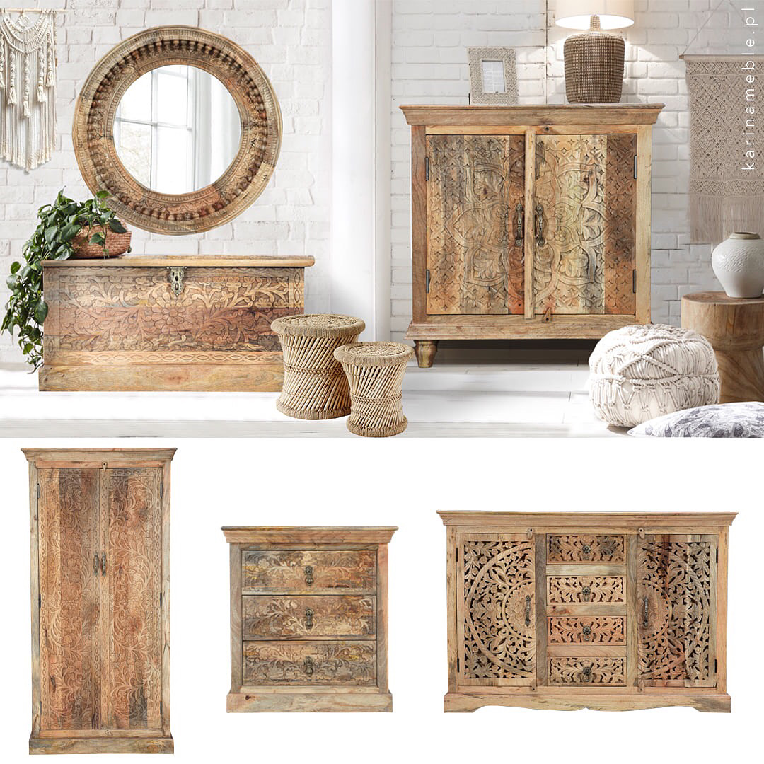 meble drewniane boho komoda salon   orientalne rzezbiona indyjskie