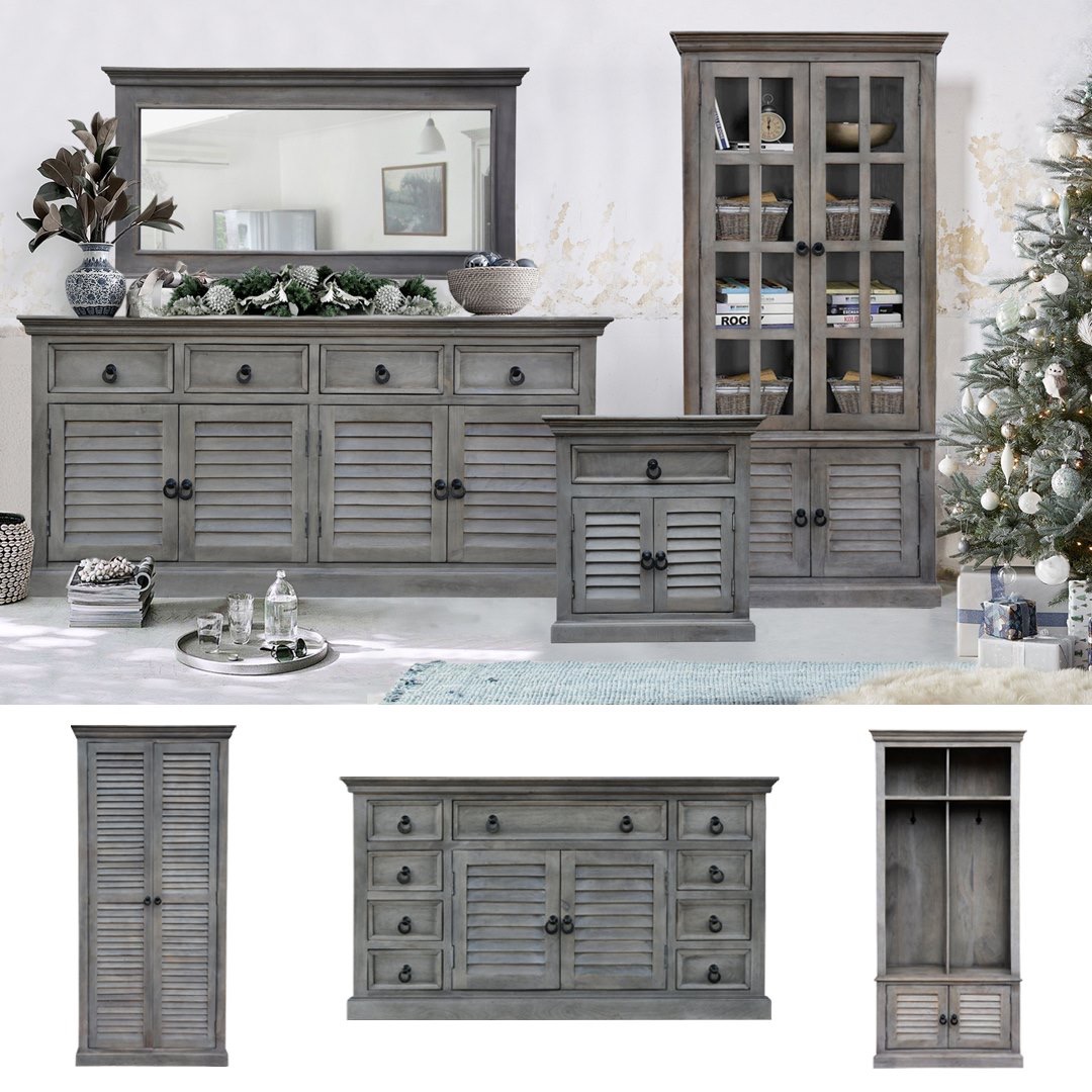 meble drewniane szare salon indyjskie kolonialne