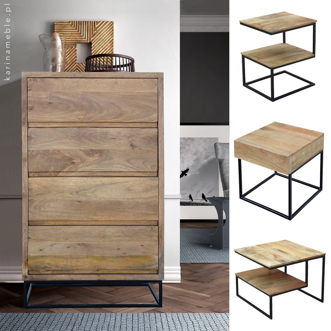 meble loftowe drewniane mango metalowe nogi komoda