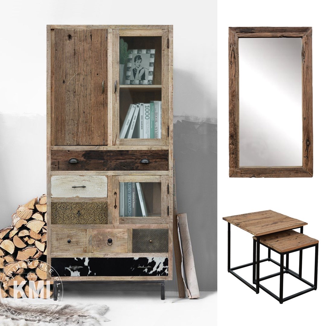 meble loftowe industrialne stare drewno mang metal komoda witryna salon