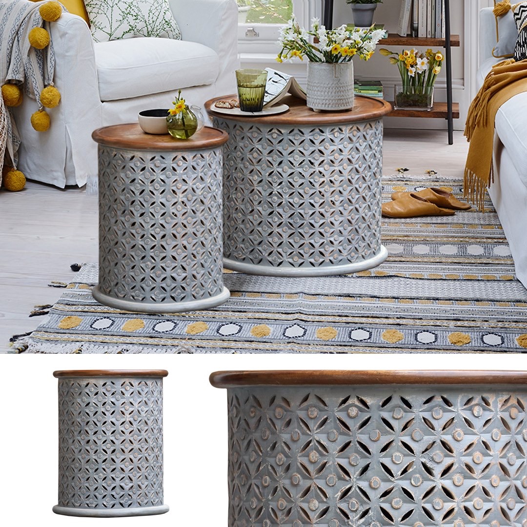 stolik okragly indyjski marokanski orientalny rzezbiony salon szary