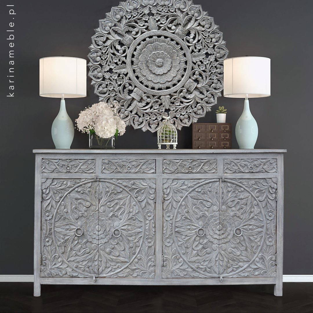 meble salon boho komoda szara indyjska lite drewno panel