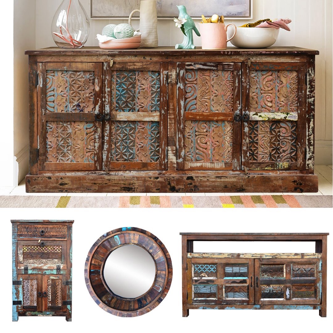 meble drewniane recykling vintage komoda loft kolorowa rzezbiona indyjska