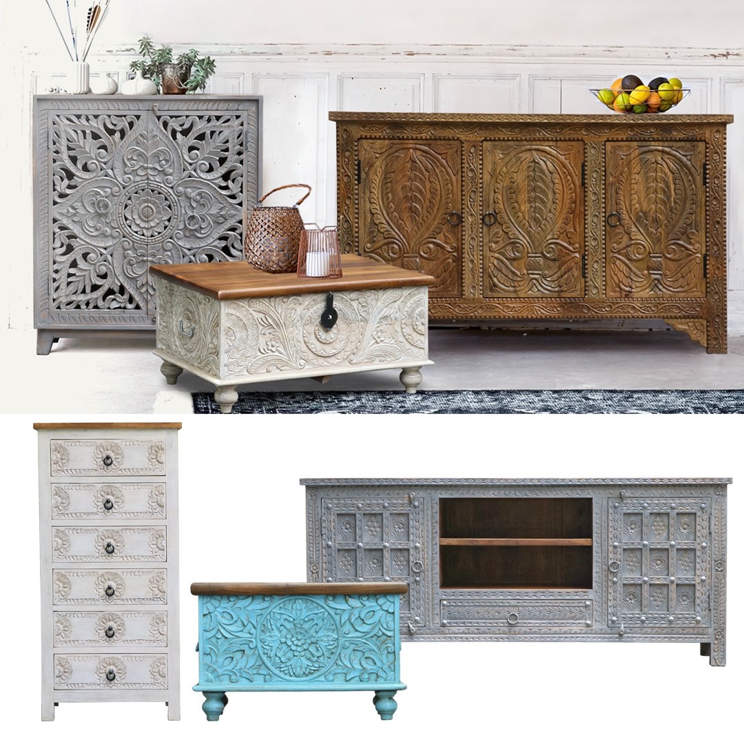 meble orientalne boho indyjskie koomoda biala niebieska kolorowe salon rzezbione drenwiane