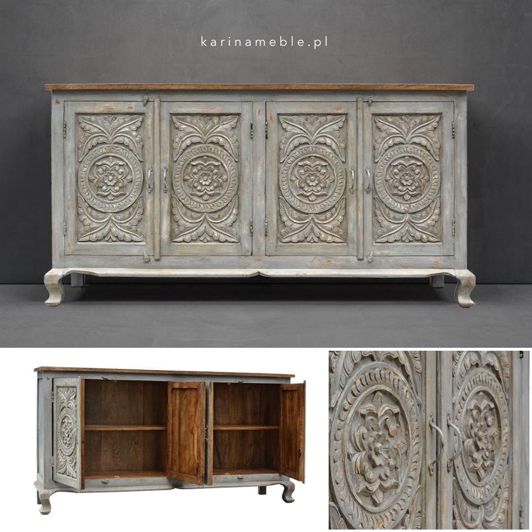 rzeźbiona komoda do salonu boho indyjska szara przecierana