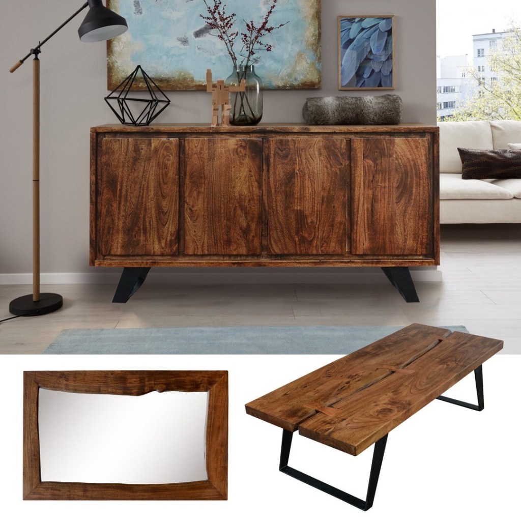 stolik, komoda i lustro industrialny zrobione z litego drewna 