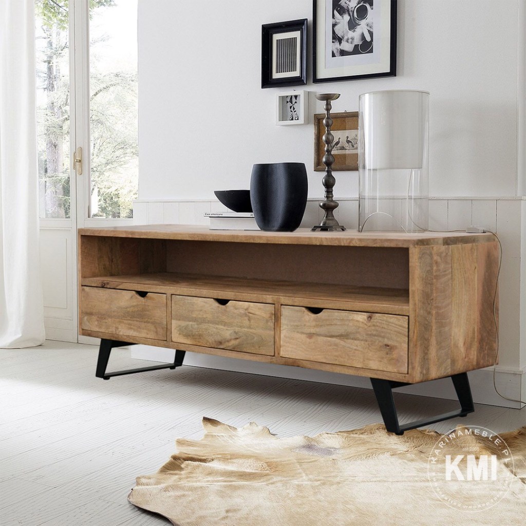 industrialna szafka rtv loftowa drewno mango i metalowe nogi- karinameble