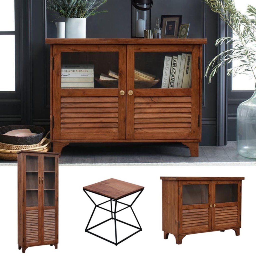 meble indyjskie - kolonialna witryna, drewniana komoda, loftowe stolik