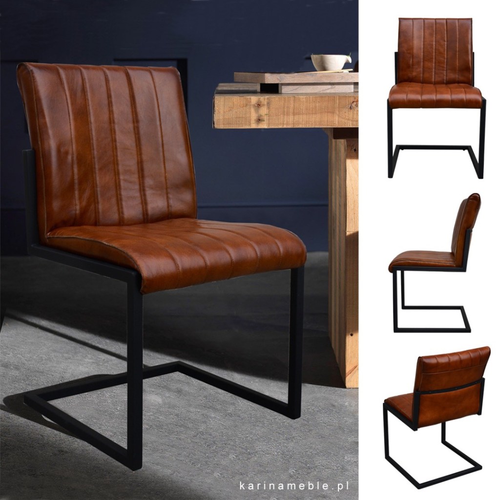 industrialne krzesło loftowe z metalowe nogi i brązowa skóra