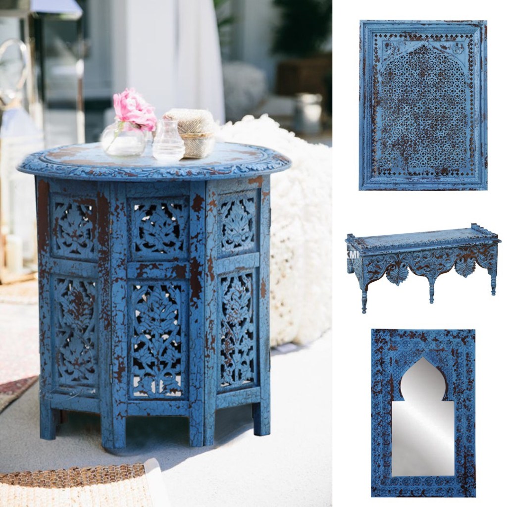 orientalny stolik indyjskie drewniane w kolorze niebieski