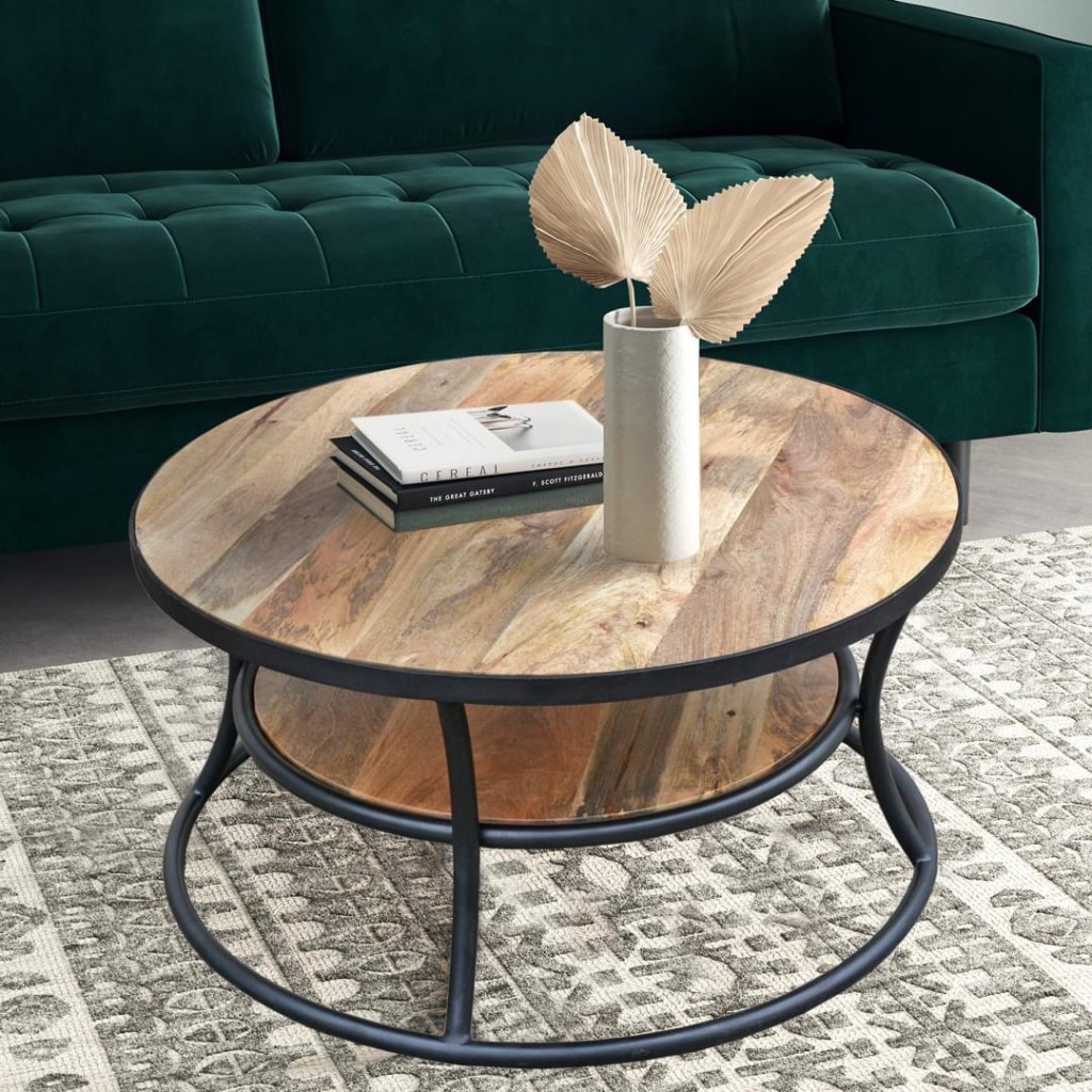 meble loftowe - okrągły stolik, meble industrialne - stolik z drewna mango