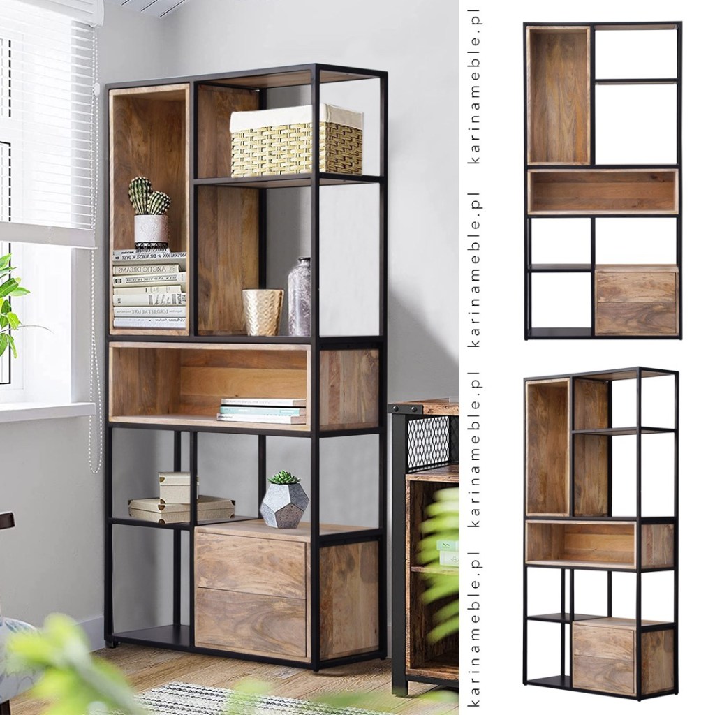 drewno mango i stelaż metalowe biblioteczka - meble loftowe