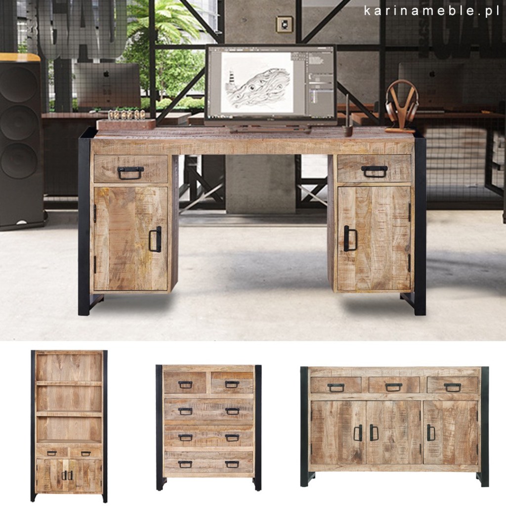 industrialne biurko, loftowa biblioteczka, drewniana komoda