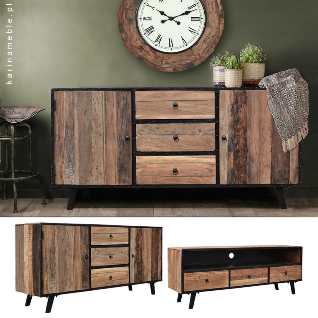 loftowa szafka rtv i industrialna komoda zrobione ręcznie ze litego starego drewna