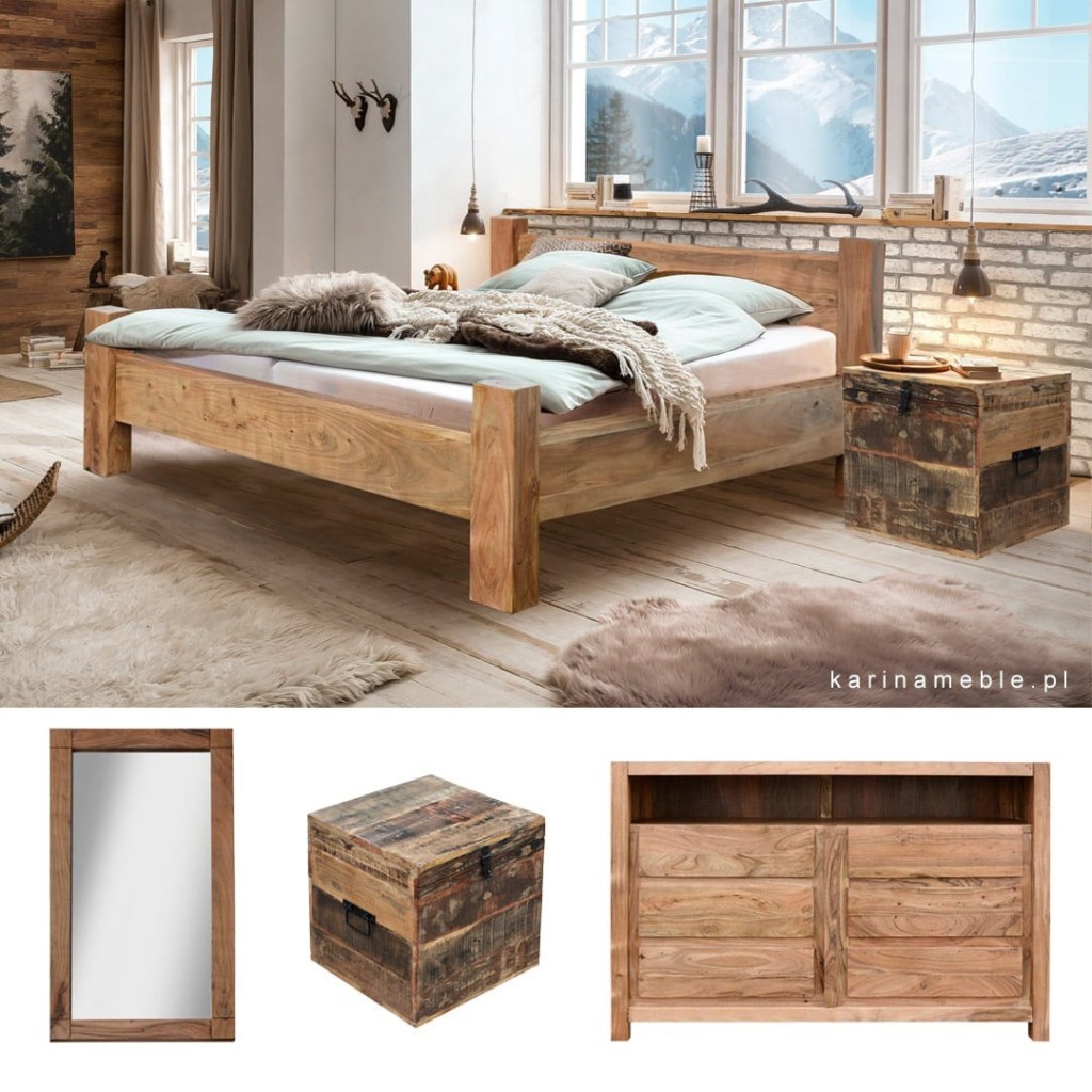 drewniane łóżka, loftowa komoda, industrialna skrzynia, rustykalna komoda
