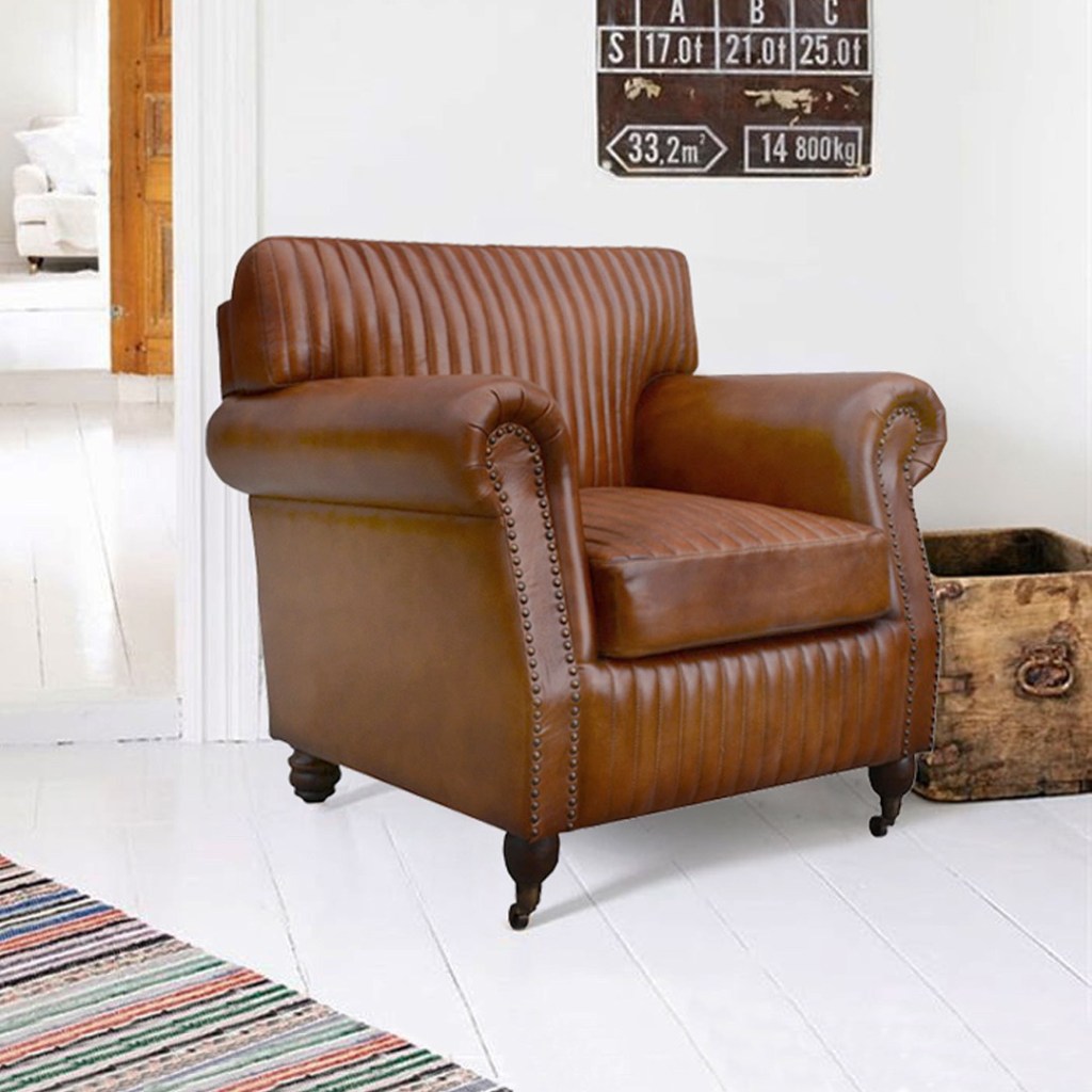 meble loftowe - fotel industrialne drewniane nogi i skóra brązowa