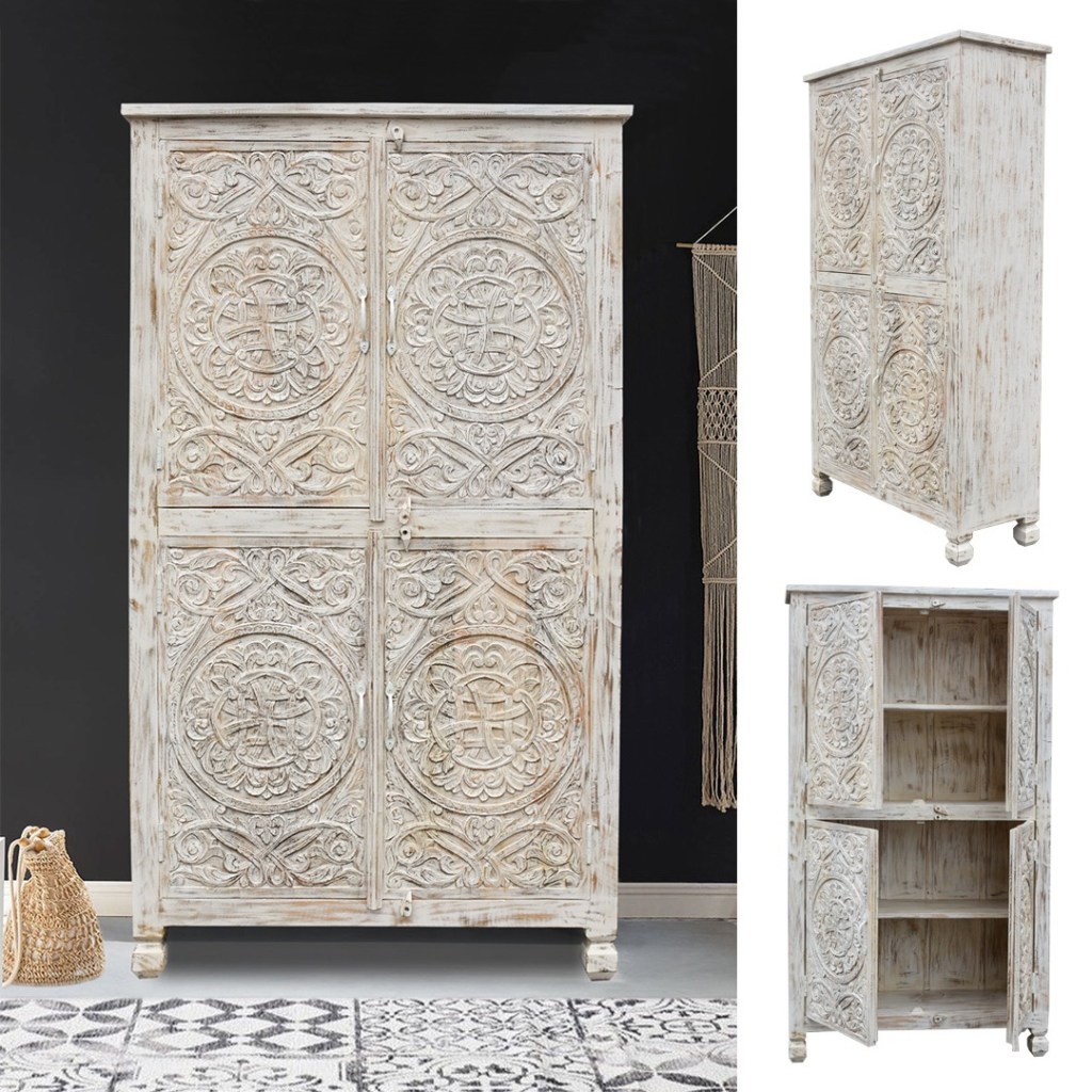 indyjska szafa orientalna drewniana bielona rzeźbiona