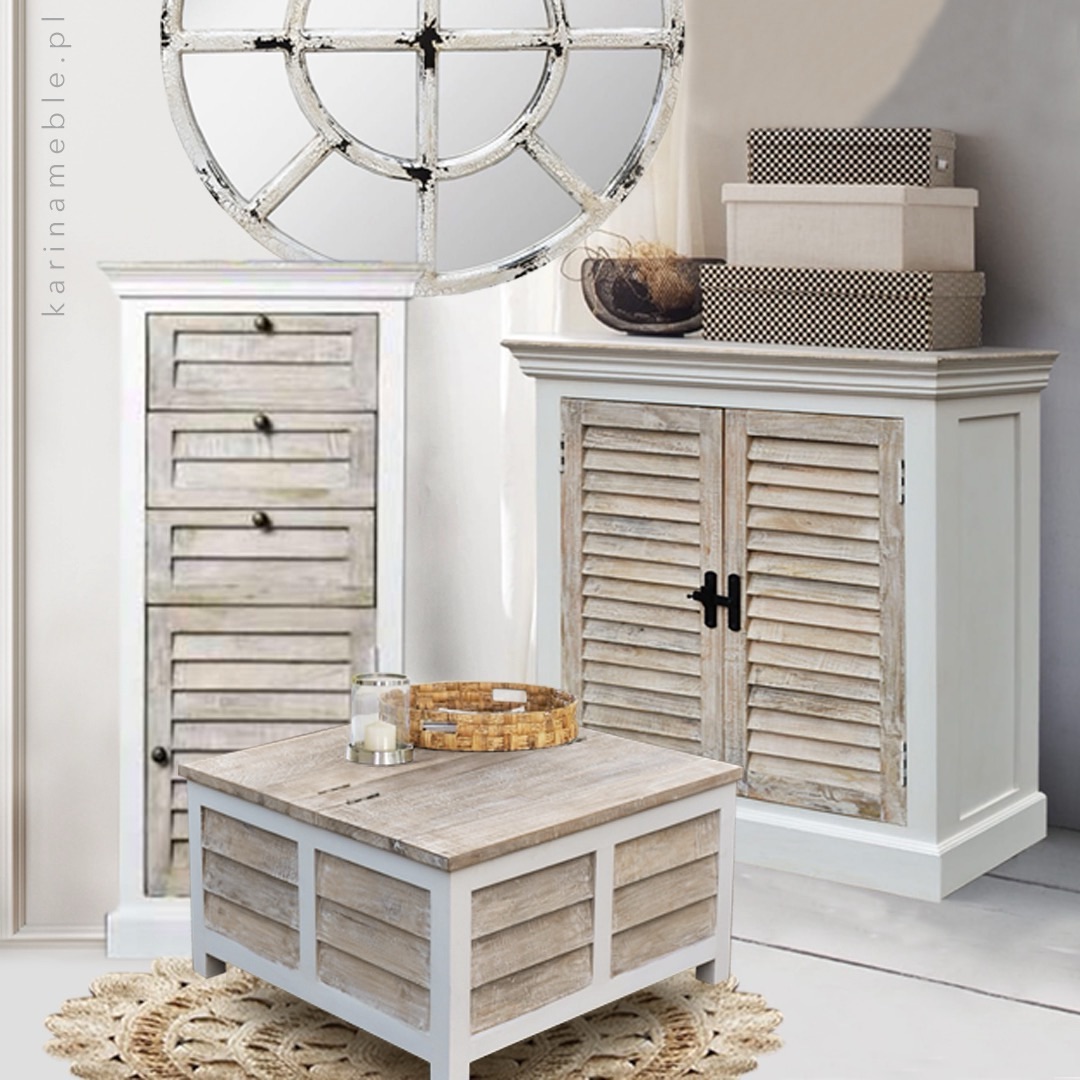 Bielone meble drewniane w stylu Hampton Island – stolik, komoda, lustro i szafka z drewna