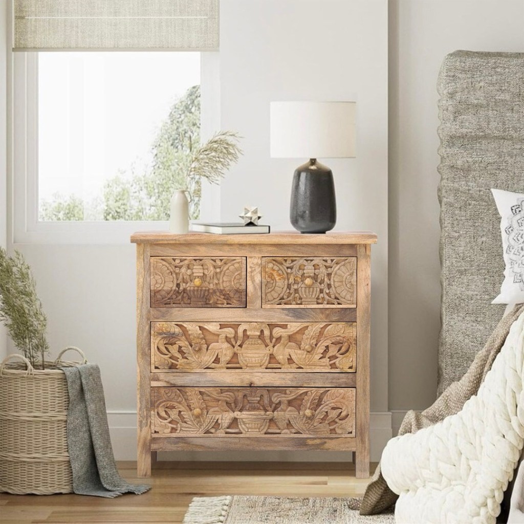 Rzeźbiona komoda indyjska z litego drewna mango w stylu orientalnym