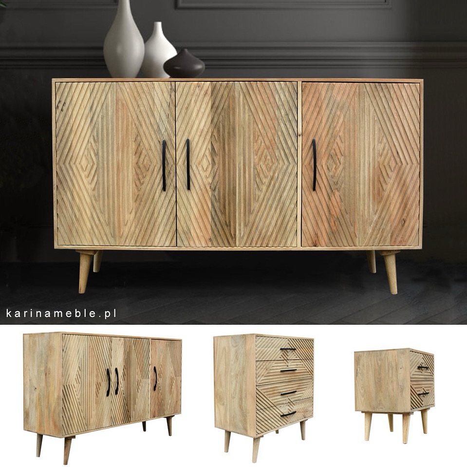 Drewniana komoda STRIPES z geometrycznymi wzorami i czarnymi uchwytami, ustawiona w nowoczesnym wnętrzu w stylu skandynawskim.
