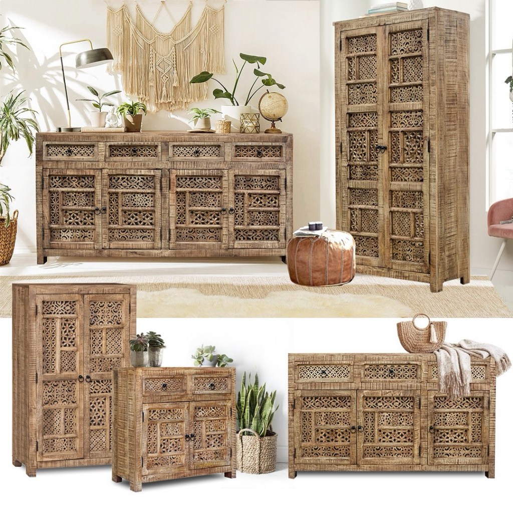 Ręcznie rzeźbione meble SHANTI z drewna mango – komody, witryny i szafki w stylu boho i orientalnym z Karina Meble, zaprezentowane w jasnym wnętrzu z naturalnymi dodatkami i roślinami.