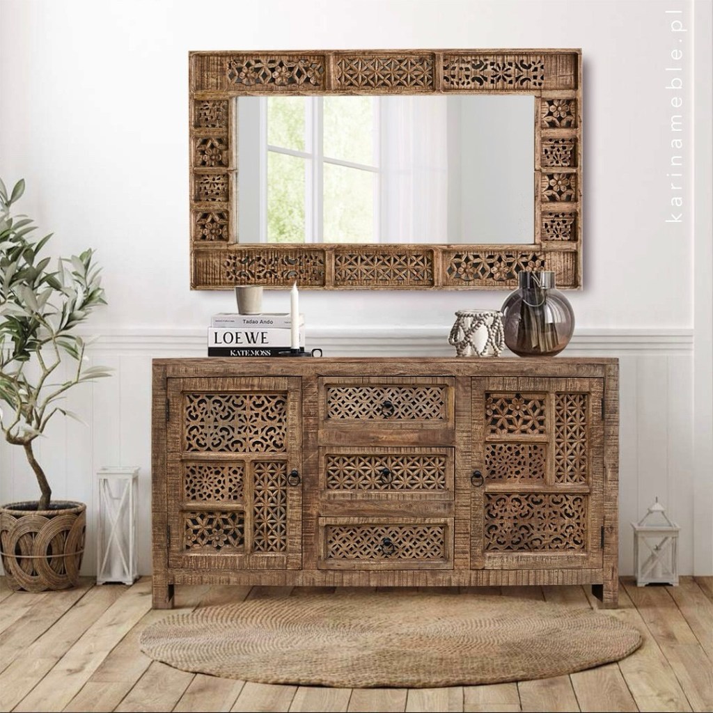 Komoda i lustro SHANTI – meble indyjskie z rzeźbieniami z litego drewna mango