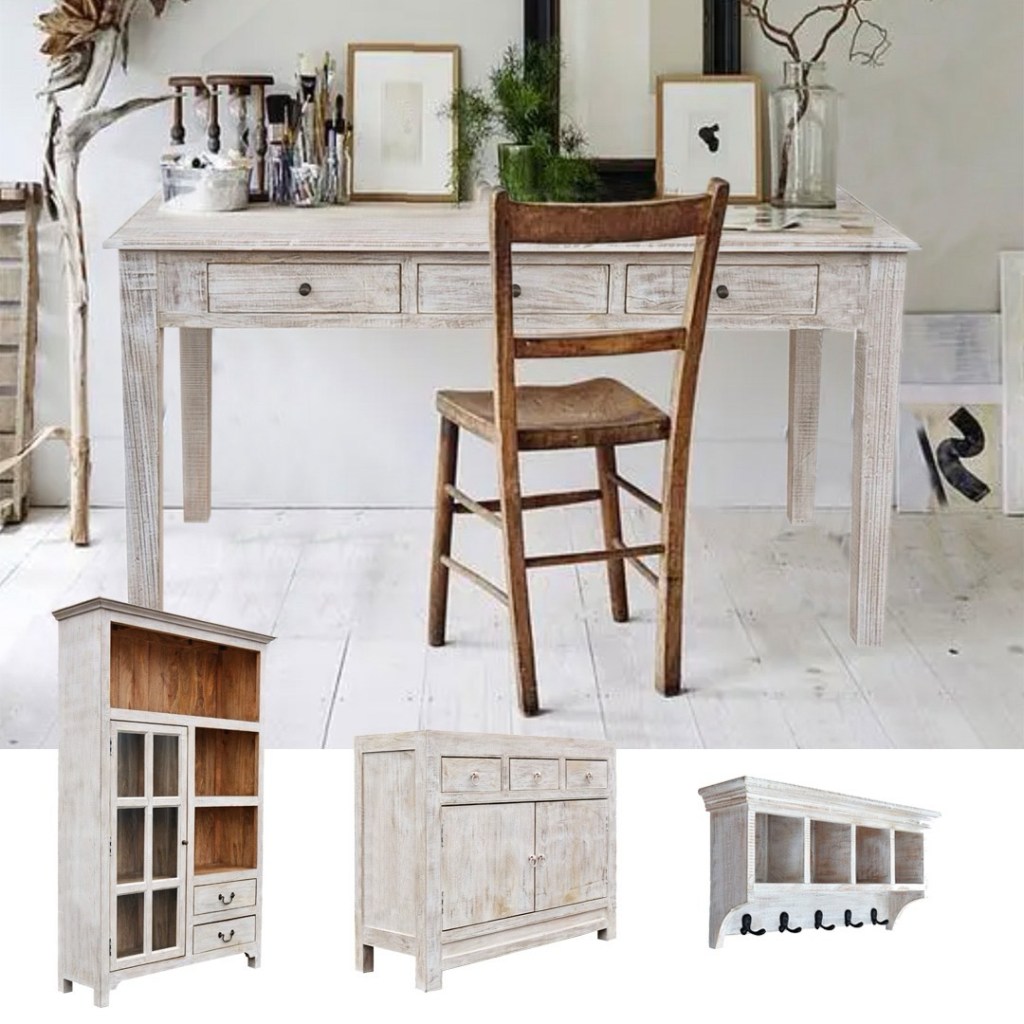 Bielone biurko z litego drewna mango z trzema szufladami w stylu skandynawskim i rustykalnym, ustawione w jasnym wnętrzu