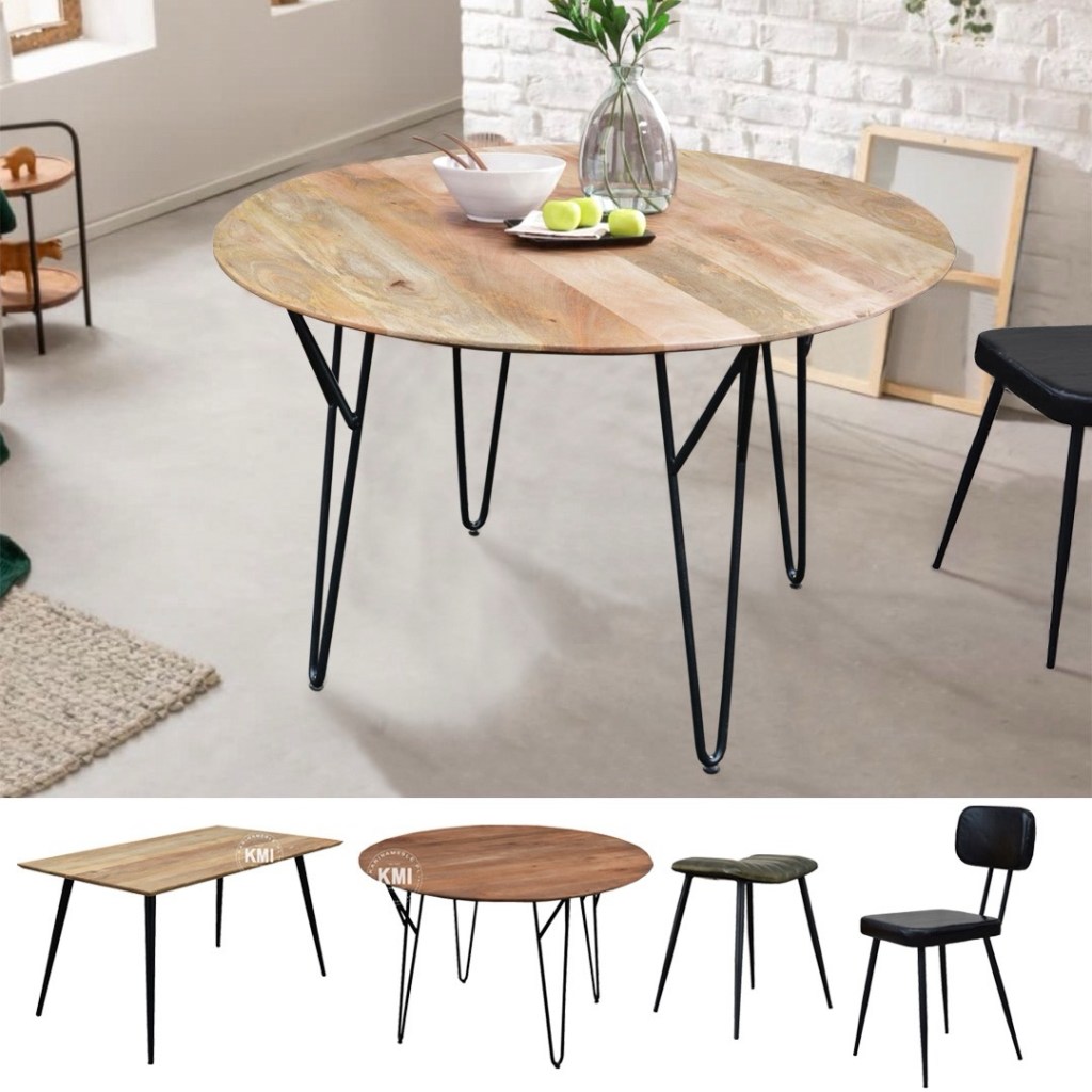 Okrągły stół z naturalnego drewna mango na metalowych nogach – styl loftowy