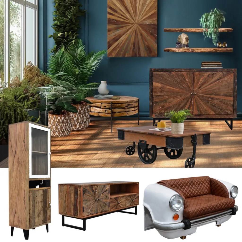 Industrialne meble z drewna z odzysku i metalu – komoda, stolik na kołach, sofa z karoserii auta w stylu loftowym