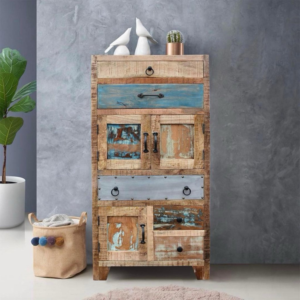 Drewniana komoda słupek Lost in Time z litego drewna mango w stylu loftowym i indyjskim – meble orientalne Karina Meble Janki