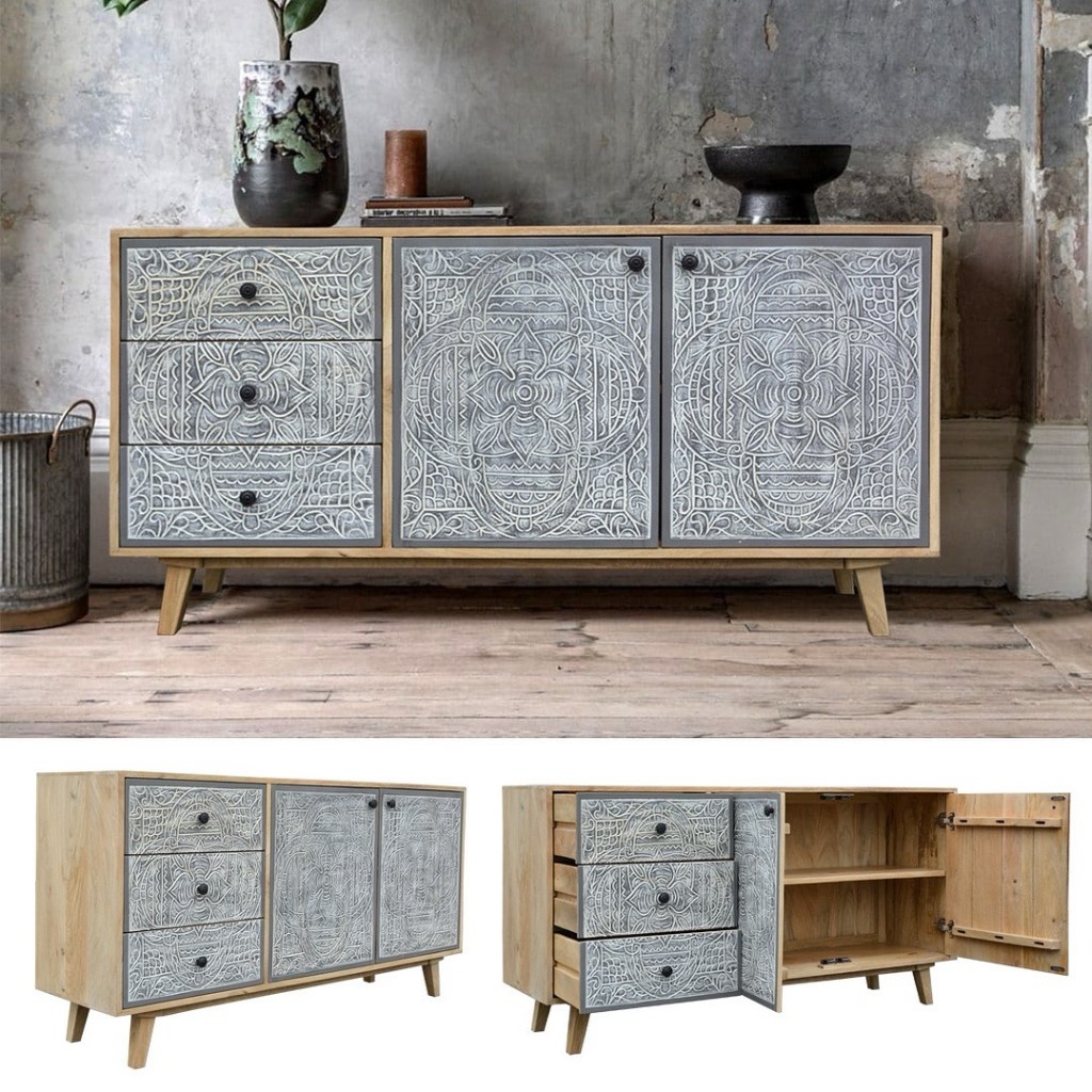 Komoda LUMI drewniana indyjska boho orientalna z rzeźbieniami, 3 szuflady i szafka z drzwiami