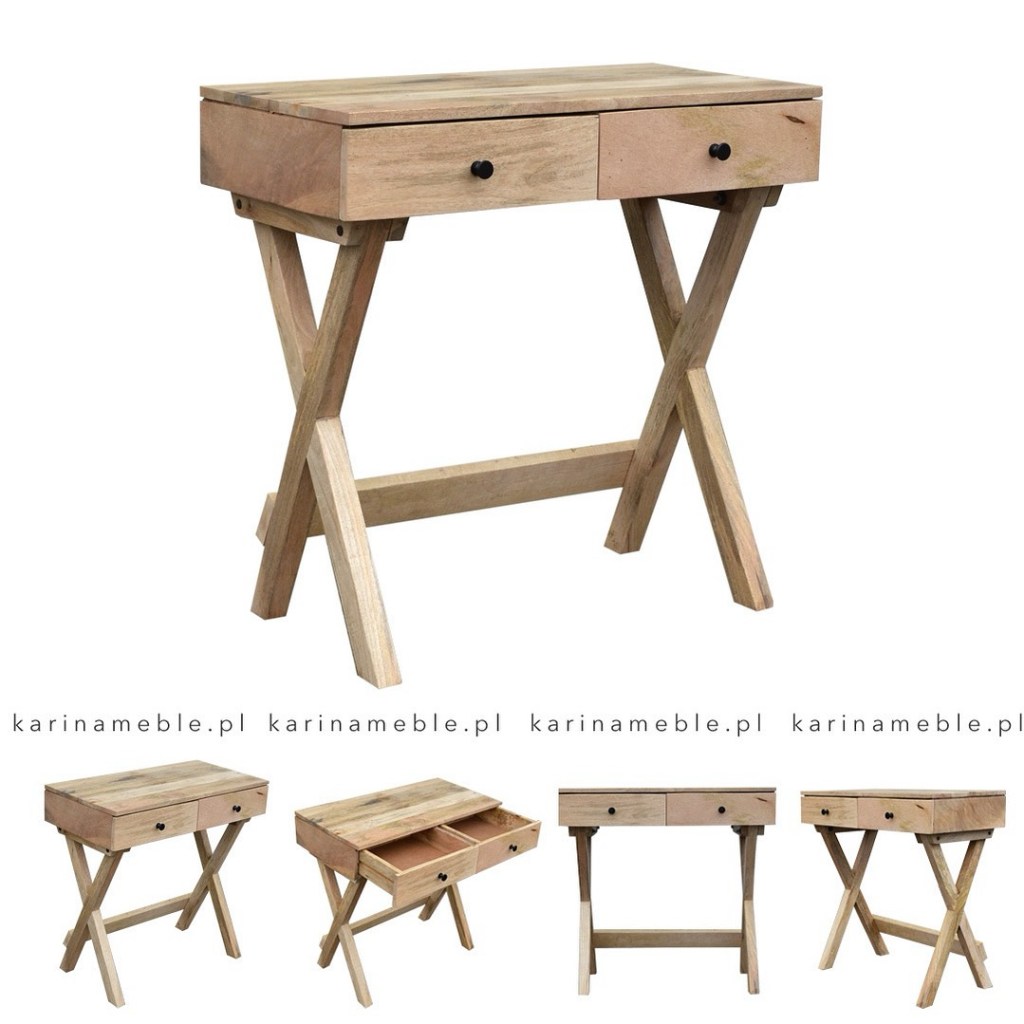 Małe drewniane biurko – sekretarzyk z litego mango, z dwiema szufladami i krzyżowanymi nogami, styl boho i loftowy.
