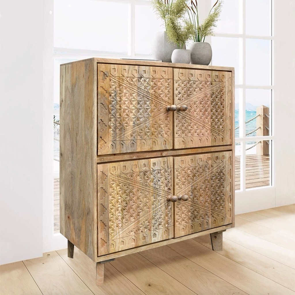 Komoda BOHO CHIC z litego drewna mango, ręcznie rzeźbiona w stylu boho i orientalnym, z szufladami i szafkami – Karina Meble Janki