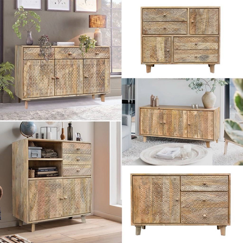 Ręcznie rzeźbione komody i szafki boho z litego drewna mango, idealne do wnętrz w stylu boho, orientalnym i loftowym – kolekcja Karina Meble.