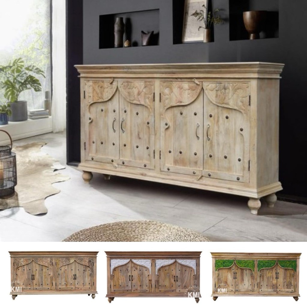 Komoda SAMIRA z litego drewna mango w stylu orientalnym i indyjskim, z ręcznymi rzeźbieniami, dostępna w trzech wersjach kolorystycznych – naturalna, bielona i zielona.