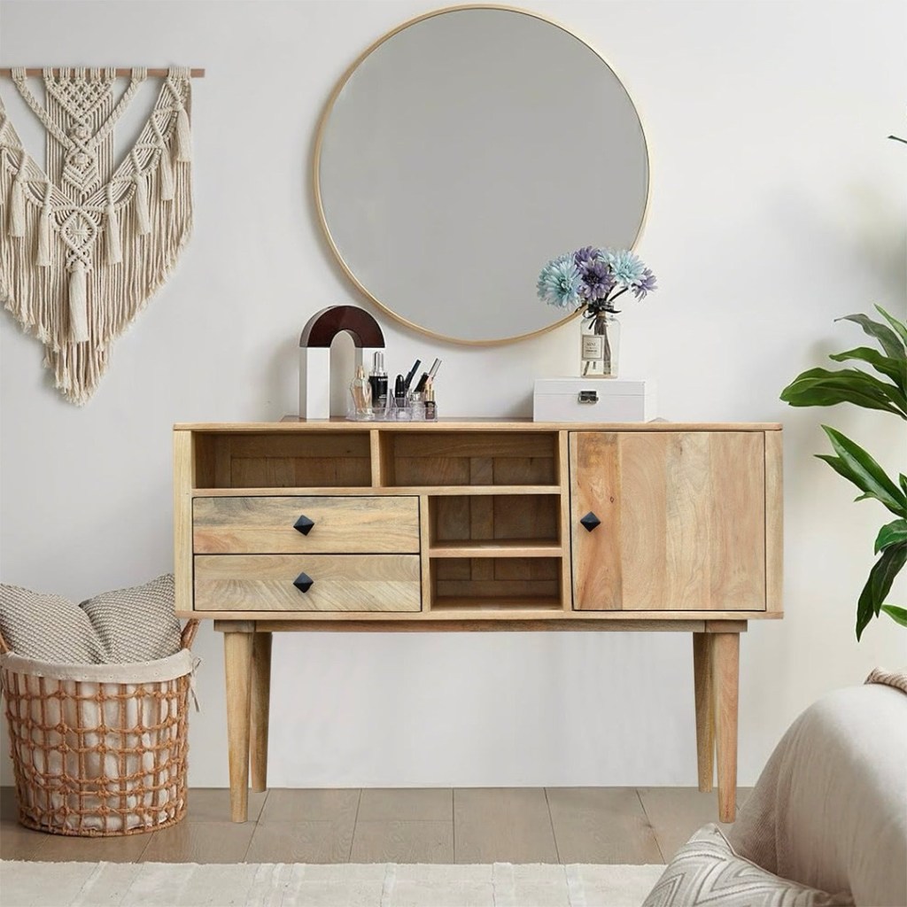 Konsola drewniana BohoWood w stylu boho i nowoczesnym z szufladami i półką – meble drewniane mango Karina Meble