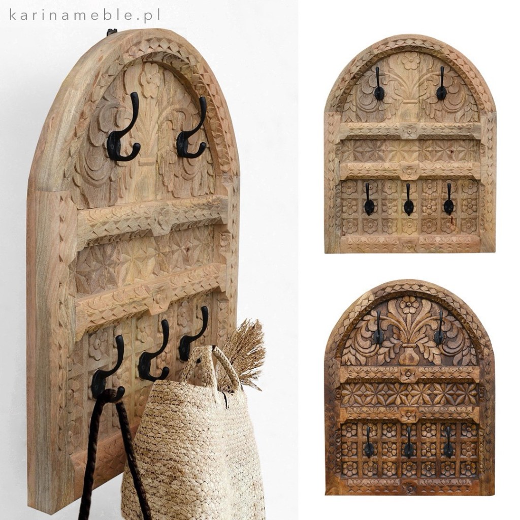 Drewniany rzeźbiony panel – wieszak indyjski z litego drewna mango w stylu boho