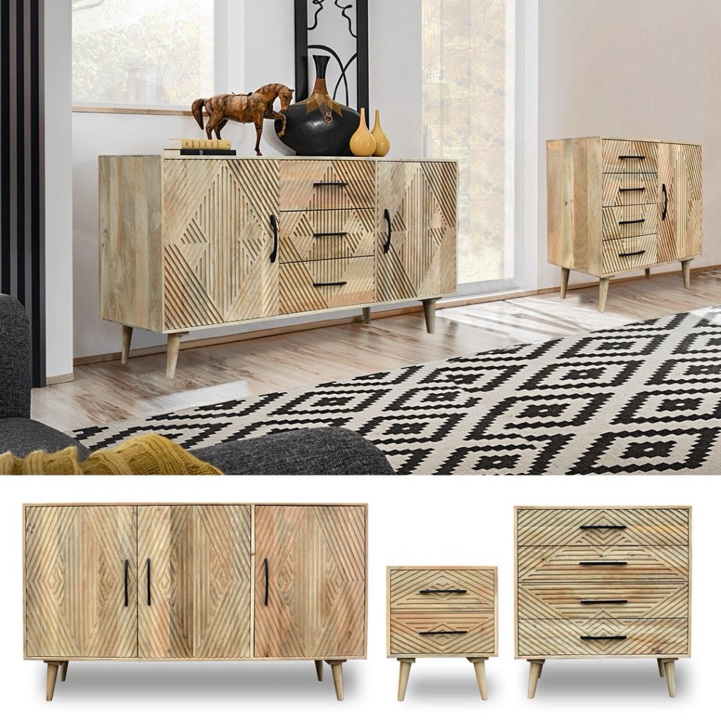 Drewniana komoda STRIPES o długości 180 cm, wykonana z litego drewna mango z ręcznie rzeźbionym geometrycznym wzorem na frontach, w stylu boho i nowoczesnym, dostępna w Karina Meble.
