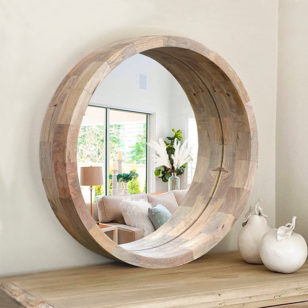 Okrągłe lustro w ramie z litego drewna mango – styl boho i orientalny | Karina Meble Janki